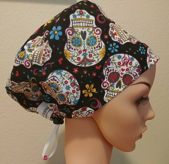 Women's Surgical Cap, Scrub Hat, Chemo Cap, Floral Sugar Skulls