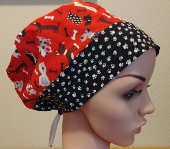 Women's Surgical Cap, Scrub Hat, Chemo Cap, Tossed Dogs with Paw Print Band