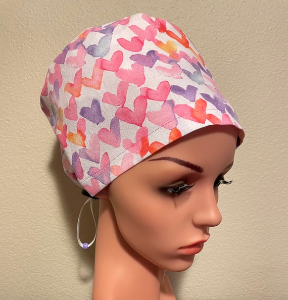 Women's Surgical Cap, Scrub Hat, Chemo Cap,  Watercolor Hearts