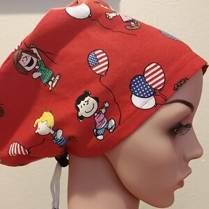 Women&#39;s Surgical Cap, Scrub Hat, Chemo Cap, Red, Peanuts Patriotic