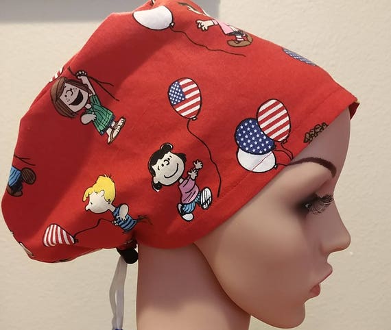 Women's Surgical Cap, Scrub Hat, Chemo Cap, Red, Peanuts Patriotic