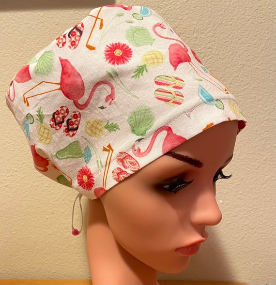 Women's Surgical Cap, Scrub Hat, Chemo Cap, Flamingos and Flip Flops