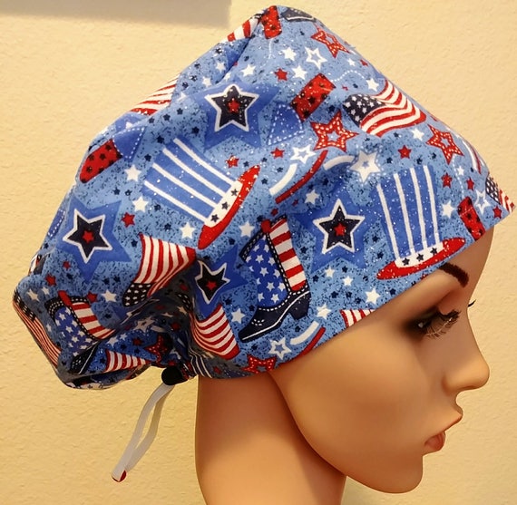 Women's Surgical Cap, Scrub Hat, Chemo Cap, Red, All American 4th of July