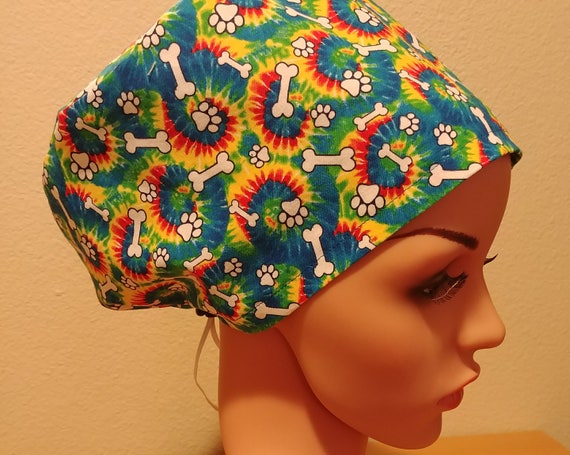 Women's Surgical Cap, Scrub Hat, Chemo Cap, Tye Dye Paws and Bones