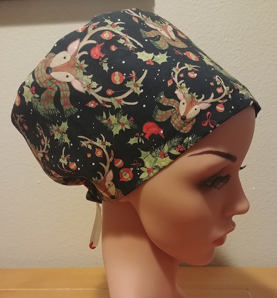 Women's Surgical Cap, Scrub Hat, Chemo Cap,  Reindeer