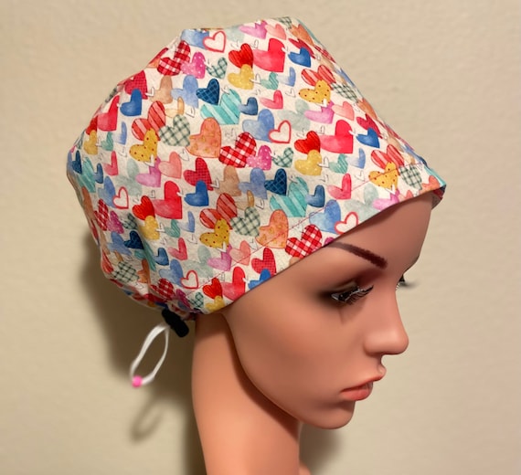 Women's Surgical Cap, Scrub Hat, Chemo Cap, Stacked Hearts