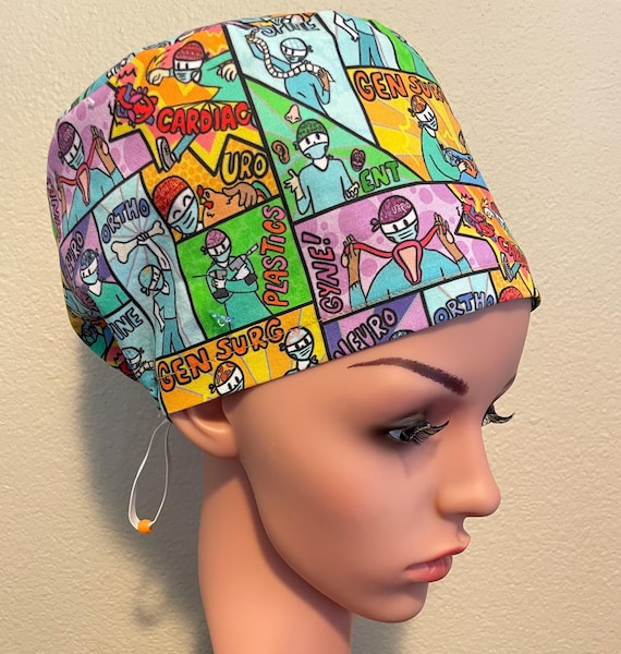 Women's Surgical Cap, Scrub Hat, Chemo Cap,  Surgical Specialties Comic Strip