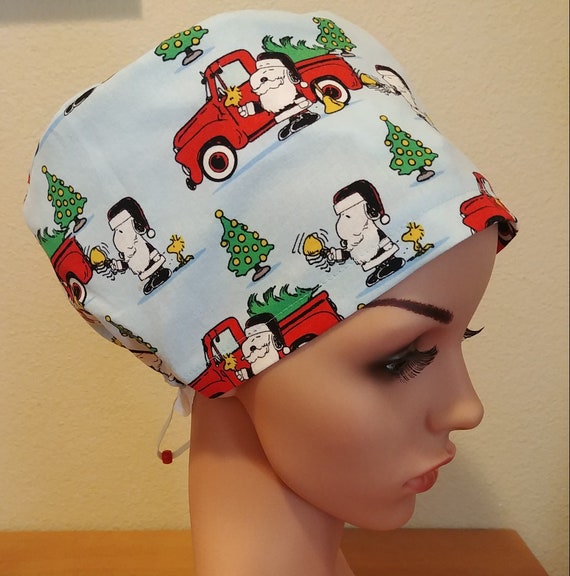 Women's Surgical Cap, Scrub Hat, Chemo Cap, Snoopy Santa