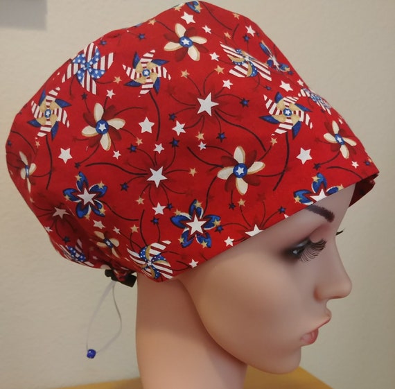 Women's Surgical Cap, Scrub Hat, Chemo Cap, Patriotic Pinwheels