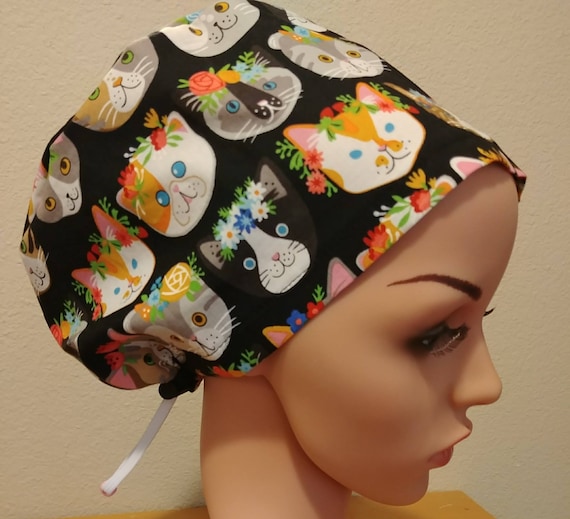 Women's Surgical Cap, Scrub Hat, Chemo Cap, Floral Cats