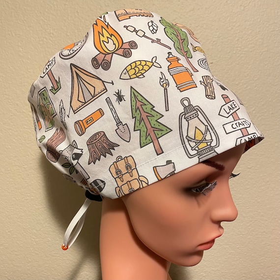 Women's Surgical Cap, Scrub Hat, Chemo Cap, Outdoors Woodland Camp Fire