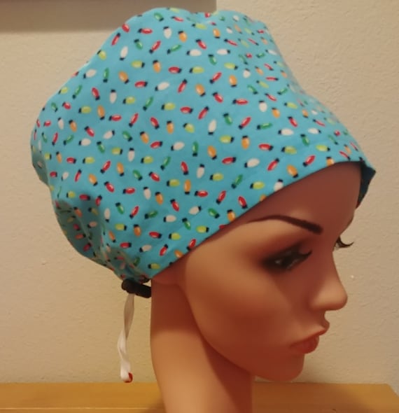 Women's Surgical Cap, Scrub Hat, Chemo Cap, Blue Christmas Lights