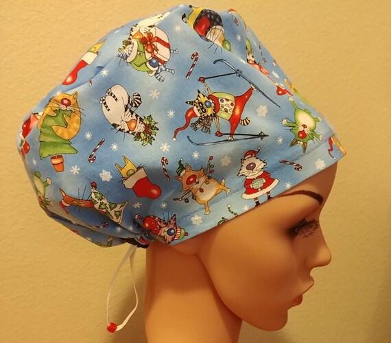 Women's Surgical Cap, Scrub Hat, Chemo Cap, Christmas Cats