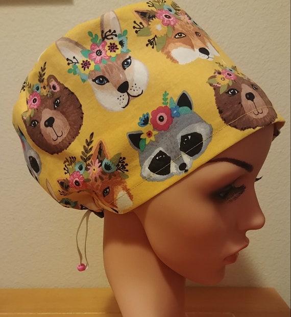 Women's Surgical Cap, Scrub Hat, Chemo Cap, Floral Critters