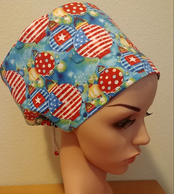 Women's Surgical Cap, Scrub Hat, Chemo Cap,  Patriotic Lanterns