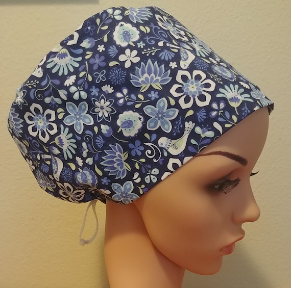 Women's Surgical Cap, Scrub Hat, Chemo Cap,  Blue Florals with Bird