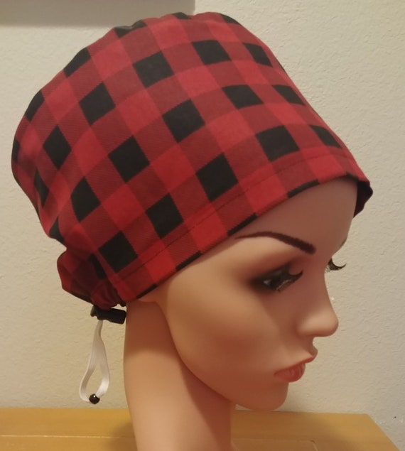 Women's Surgical Cap, Scrub Hat, Chemo Cap, Buffalo Plaid