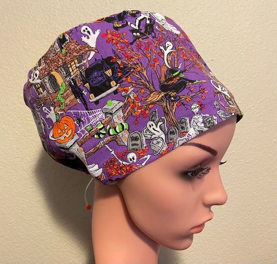 Women's Surgical Cap, Scrub Hat, Chemo Cap, Haunted House