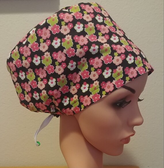 Women's Surgical Cap, Scrub Hat, Chemo Cap, Pink and Green Florals