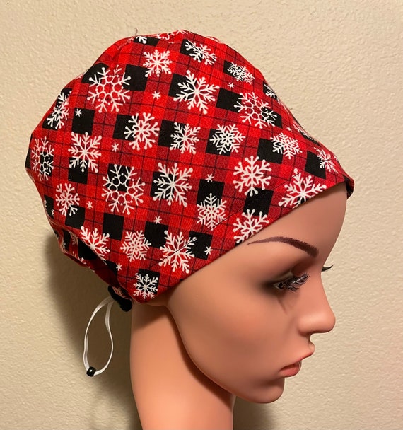 Women's Surgical Cap, Scrub Hat, Chemo Cap,  Buffalo Plaid with Snowflakes