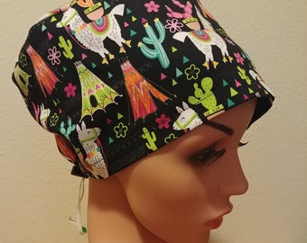 Women's Surgical Cap, Scrub Hat, Chemo Cap, Llamas and Cactus