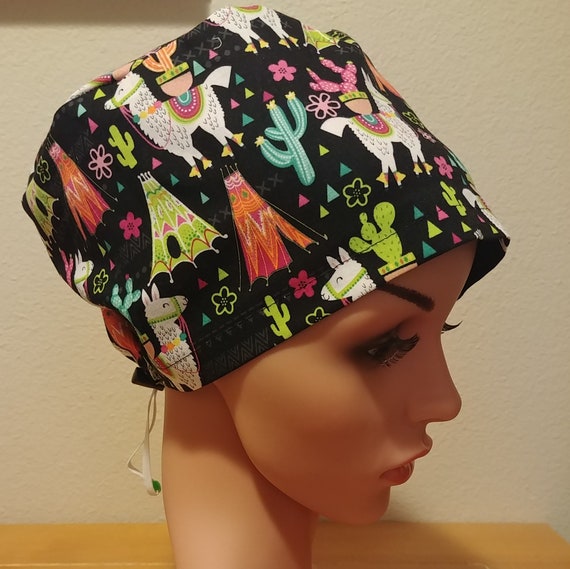 Women's Surgical Cap, Scrub Hat, Chemo Cap, Llamas and Cactus
