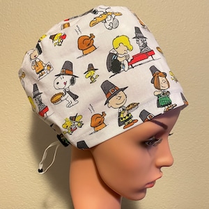 Women&#39;s Surgical Cap, Scrub Hat, Chemo Cap, Charlie Brown Thanksgiving