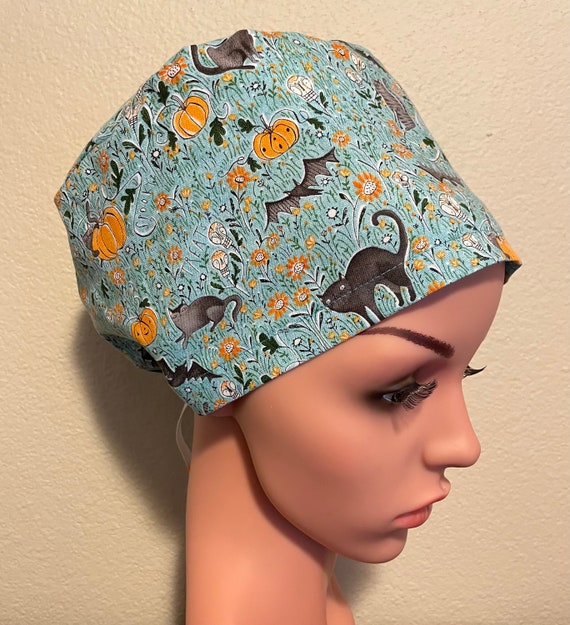 Women's Surgical Cap, Scrub Hat, Chemo Cap, Black Cat, Bats and Pumpkins