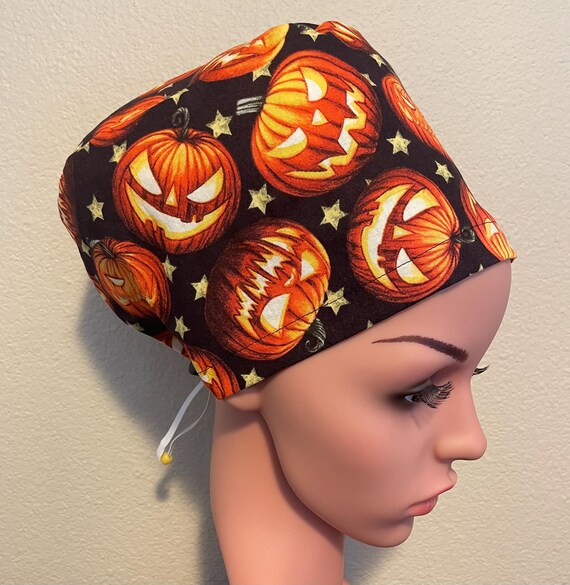 Women's Surgical Cap, Scrub Hat, Chemo Cap,  Jack-O-Lantern