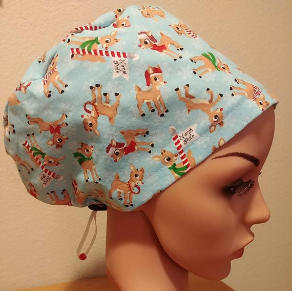 Women's Surgical Cap, Scrub Hat, Chemo Cap, Rudolph The Red Nose Reindeer