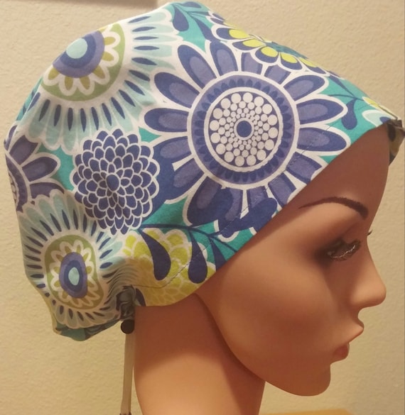 Women's Surgical Cap, Scrub Hat, Chemo Cap, Blue Floral