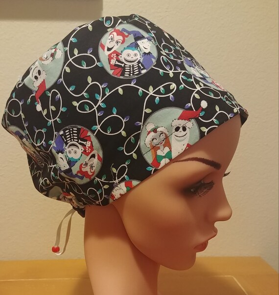 Women's Surgical Cap, Scrub Hat, Chemo Cap, Nightmare before Christmas lights