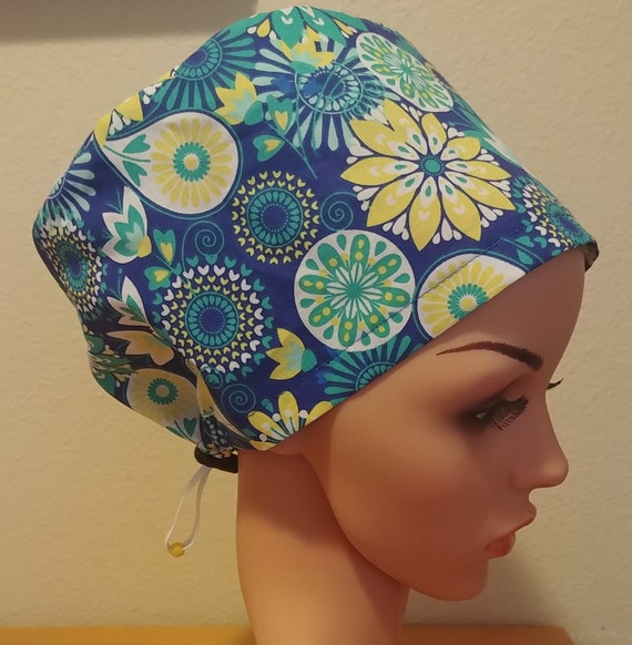 Women's Surgical Cap, Scrub Hat, Chemo Cap, Blue and Yellow flowers
