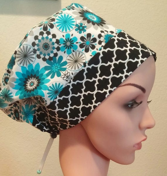 Women's Surgical Cap, Scrub Hat, Chemo Cap, Blue Floral and Black Quatrefoil Band