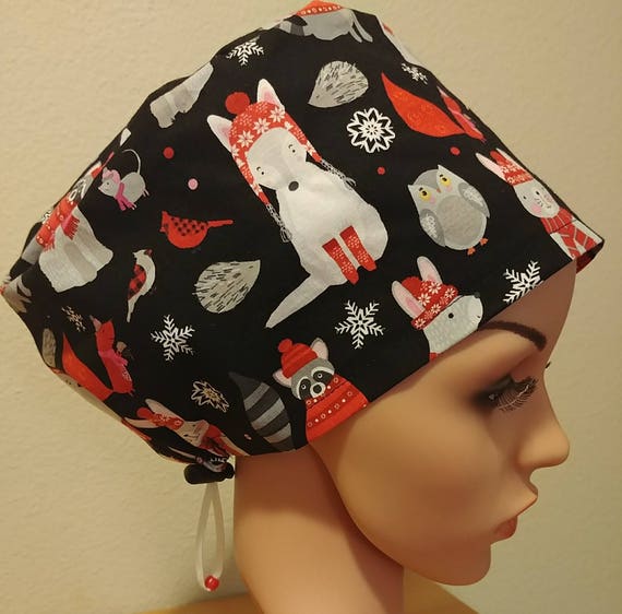 Women's Surgical Cap, Scrub Hat, Chemo Cap, Winter Woodland Animals