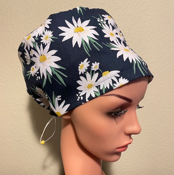 Women's Surgical Cap, Scrub Hat, Chemo Cap,  White Daisies