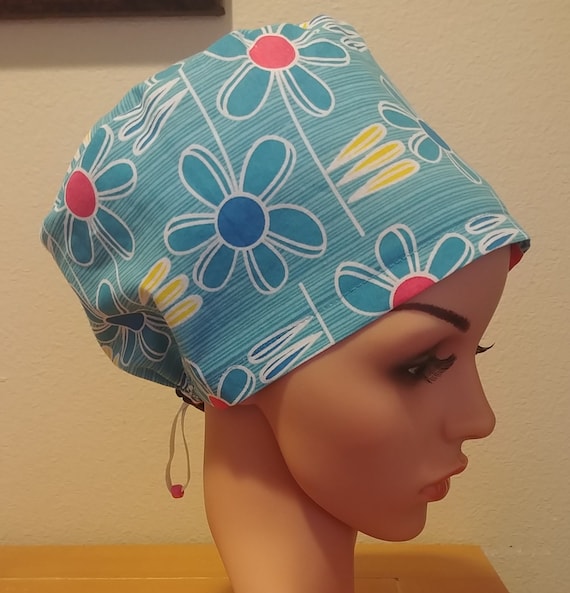 Women's Surgical Cap, Scrub Hat, Chemo Cap, Daisy Teal