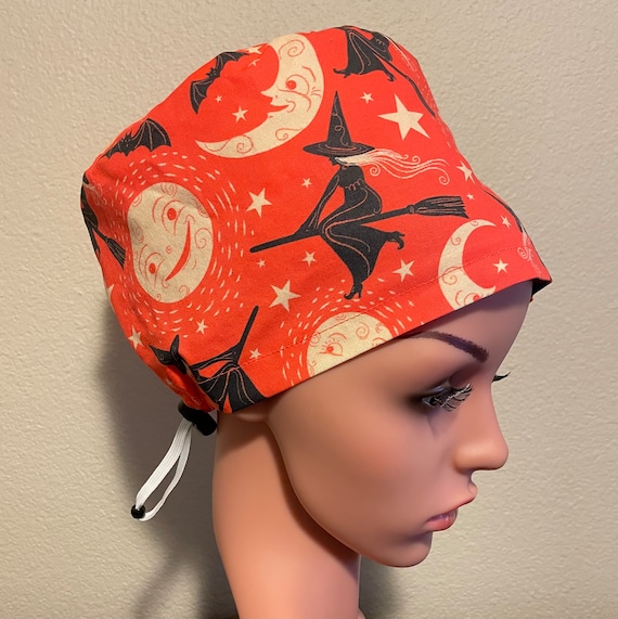 Women's Surgical Cap, Scrub Hat, Chemo Cap, Vintage Witch and Moon