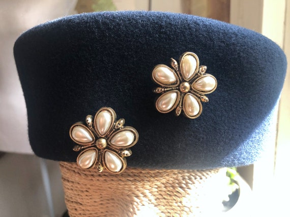 Navy pillbox hat with floral pearl detail - image 4