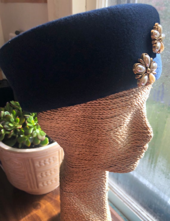 Navy pillbox hat with floral pearl detail - image 3