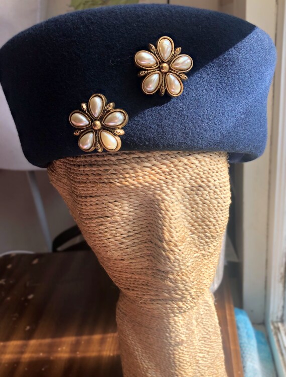 Navy pillbox hat with floral pearl detail - image 2