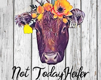 Puede incluir: Impresión de arte digital de la cara de una vaca, adornada con una corona floral de flores naranjas y amarillas. La vaca tiene una etiqueta amarilla en la oreja con el número 123. El texto "Not Today Heifer" está escrito en cursiva debajo de la cara de la vaca.