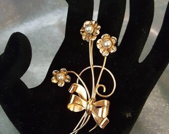 Vintage Coro Sterling Flower ( Faux Pearl ) Brooch with Gold Wash