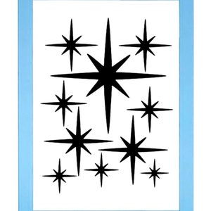 Puede incluir: Una impresión enmarcada con un marco azul claro y un fondo blanco. La impresión presenta un diseño de múltiples estrellas negras de diferentes tamaños.