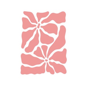 Peut inclure: Un motif floral rose avec deux fleurs stylisées aux contours blancs.