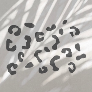 May include: Dark grey leopard print pattern on a textured, off-white surface. The spots are of varying sizes and shapes, creating a dynamic design. Shadows from foliage add a subtle contrast.