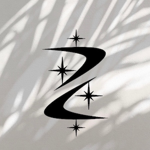 Pode incluir: Design retro moderno de meados do século, em preto e branco, com duas formas de bumerangue e quatro estrelas.