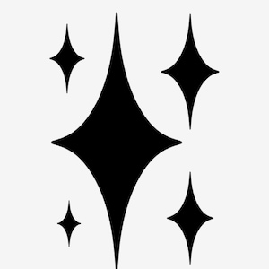 Pode incluir: Ilustração em preto e branco de cinco estrelas brilhantes. As estrelas estão dispostas em um grupo, com uma estrela grande no centro e quatro estrelas menores ao redor.