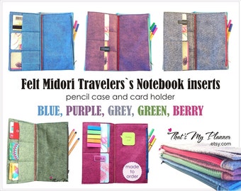 Midori insert Standard Regular size - Felt Zipper Wallet Card Holder - 6 Pockets - Pencil Case - Travelers Notebook Insert