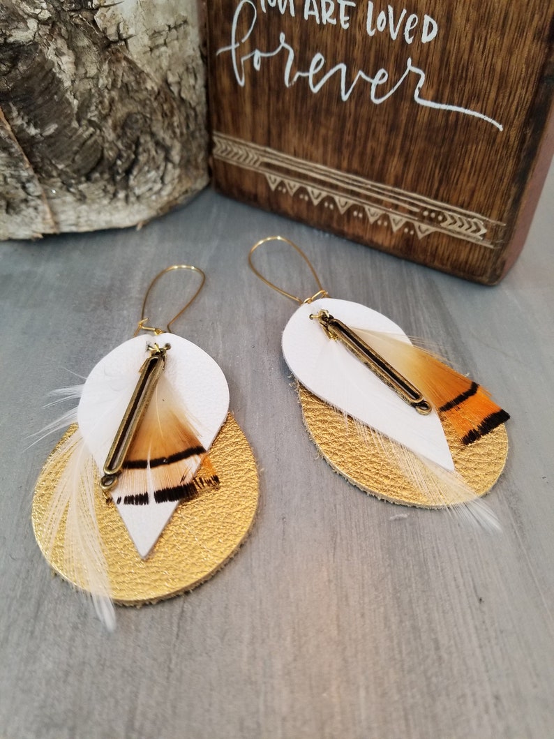Gold and White Leather Orange White Feather Gold Bar Earrings Suede Earrings Boho Jewelry Real Leather White Gold Earrings Boho Skinny